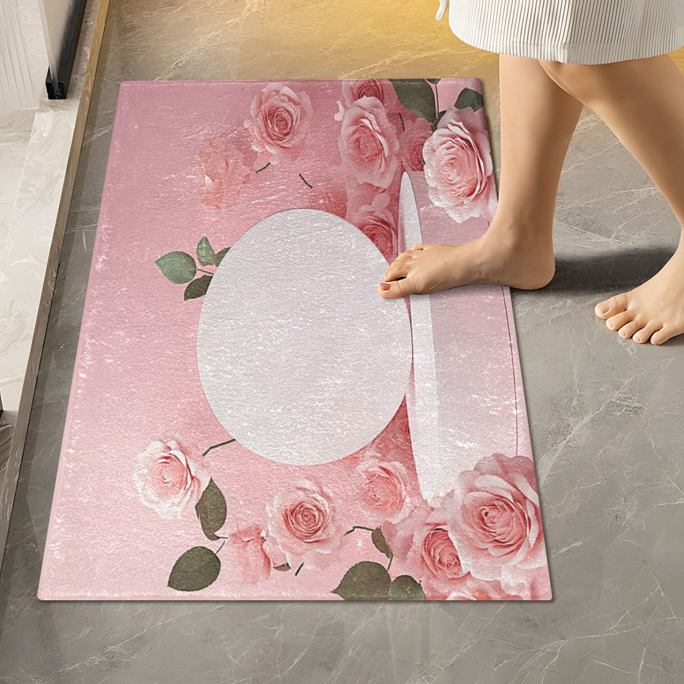 2 Piece Soft Bathroom Rug Set Light Pink Roses Bath Mat and U-Shaped Toilet Contour Rug (16"x24"+20"x24")
