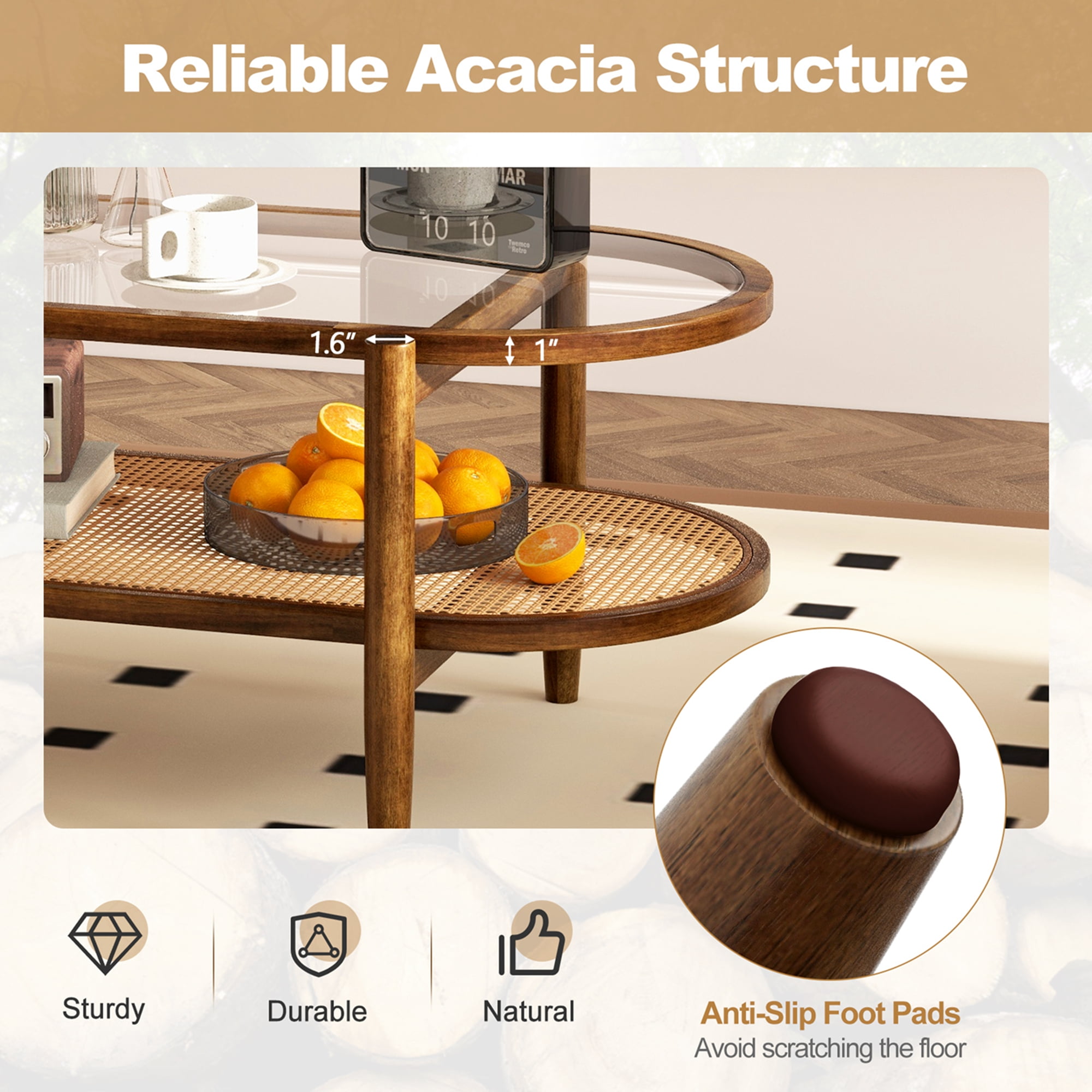 Costway 2-Tier Coffee Table Tempered Glass Top with PE Rattan Shelf & Acacia Wood Frame Brown