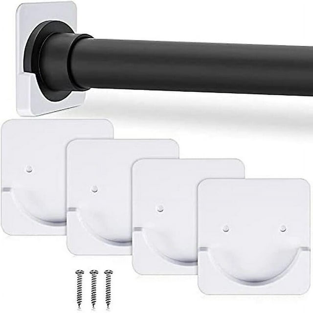 paquete de 4 soportes para barra de cortina de ducha autoadhesivos, montaje de pared no incluido. Cuatro soportes cuadrados blancos de ABS de 8 x 8 cm con hueco semicircular para sujetar la varilla; placa adhesiva integrada (diámetro 10 cm) y tornillos de fijación mostrados. Vista frontal y en perspectiva con una barra de ducha negra insertada en uno de los soportes; apto para azulejos y superficies lisas. También suele usarse para sostener barras ligeras en espacios pequeños.