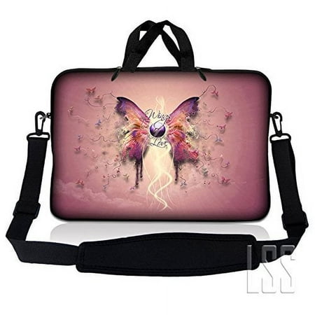 LSS 15.6 inch Laptop Sleeve Bag Compatible with Acer, Asus, Dell, HP, Sony, MacBook, Carrying Case w/ Handle & Adjustable Strap - Pink Butterfly Floral