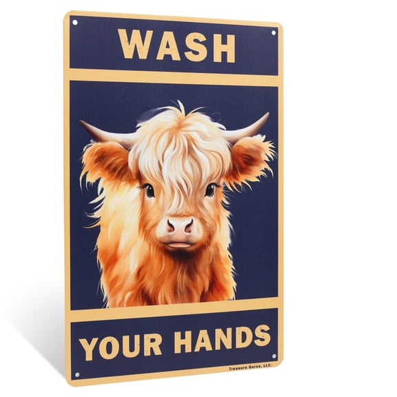 Wash Your Hands Funny Highland Cow Metal Sign Bathroom Wall Art Bath Home Decor
