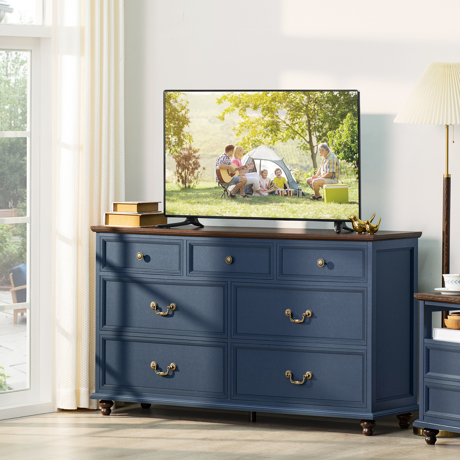 Joaxswe 7 Drawer Dresser for Bedroom, 54" Wide Dresser Organizer Chest of Drawers for Nursery Dark Blue