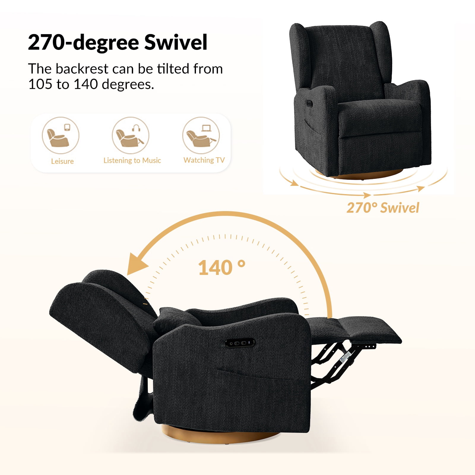 Tina's Home Electric Power Glider Swivel Nursery Recliner Chair Wingback with USB, Waterproof Stain-resistant for Baby Feeding & Living Room Black