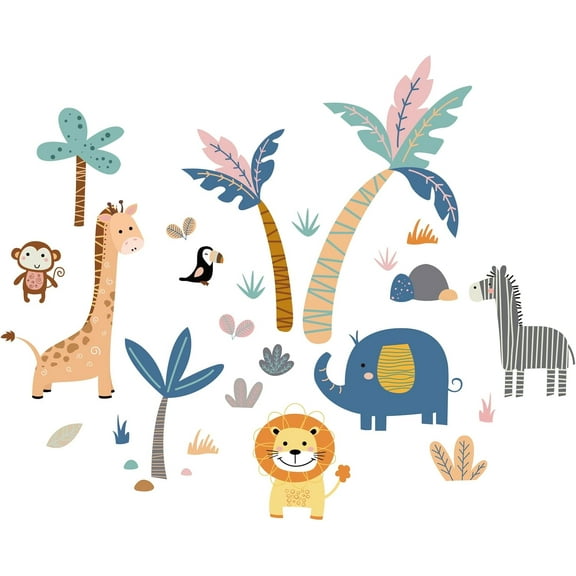 Jungle Animal Wall Stickers Monkey Tree Wall Decals Elephant Giraffe Zebra Vinyl Forest Animal Wall Stickers DIY Home Decoration Baby Nursery Girl Boy Kids Room Wall Decor