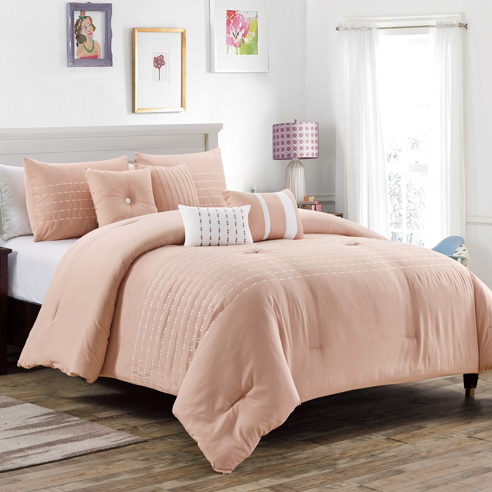 Unique Home Myla 7 Piece Collection Bed Comforter Set Solid Stripe