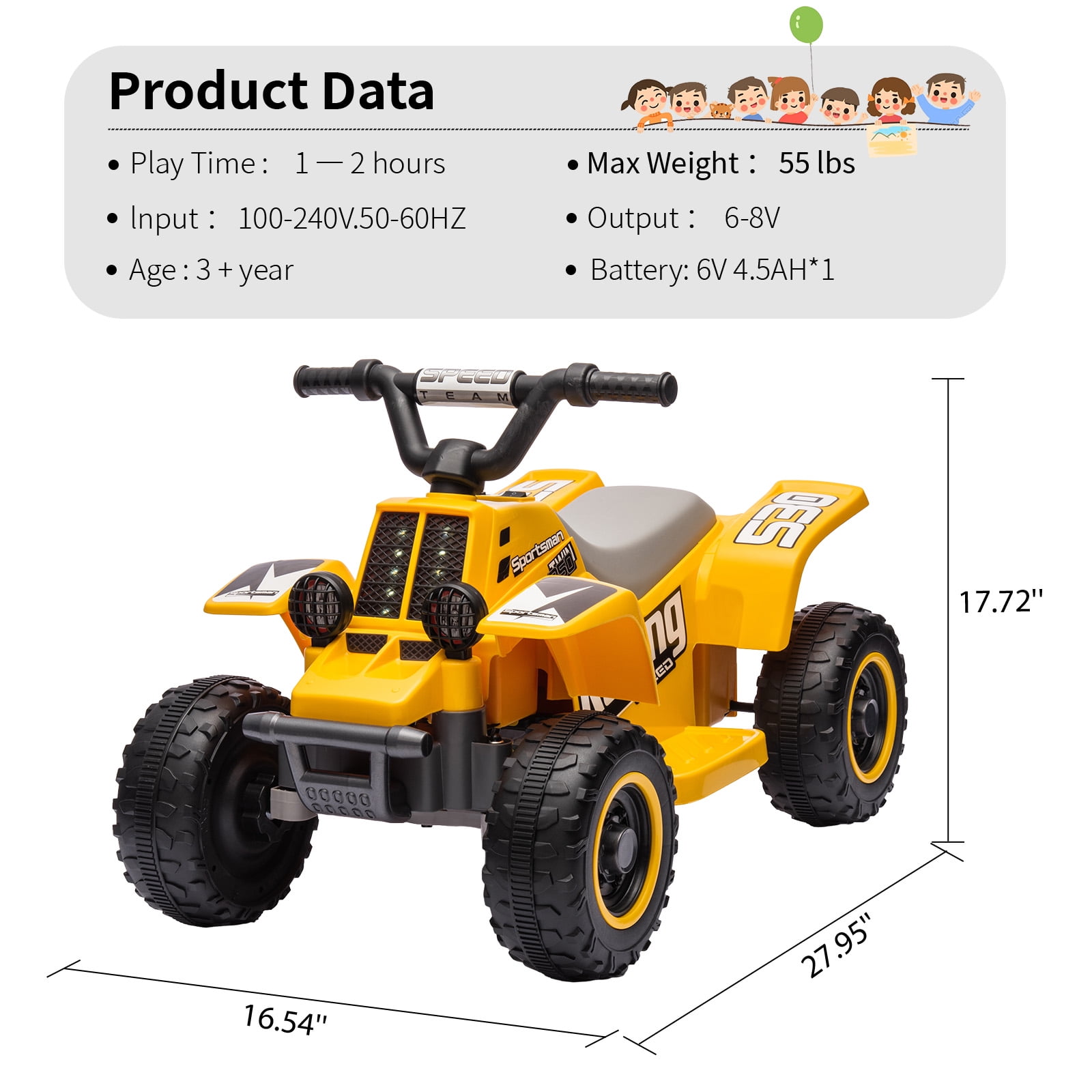 Telyswee 6V Kids Ride On Car, 4-Wheeler Quad ATV Play Car for Kids, 1.76MPH Max Speed, Ride On Toy for Boys & Girls Gift, Rubber Handles, Push-Button Accelerator