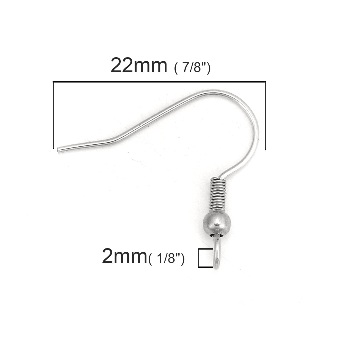 E083B - 1000 pcs 304 Stainless Steel Silver Tone Earring Hooks with Spring and Ball - 22mm x 20mm - Hole Size: 2mm - Perpendicular Loop