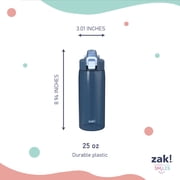 Zak Designs 25oz Durable Plastic Jubilation Water Bottle with Leak Proof Spout Cover, Straw, Push Button Lid, Flip Up Lock, and Built-in Carry Handle, Navy