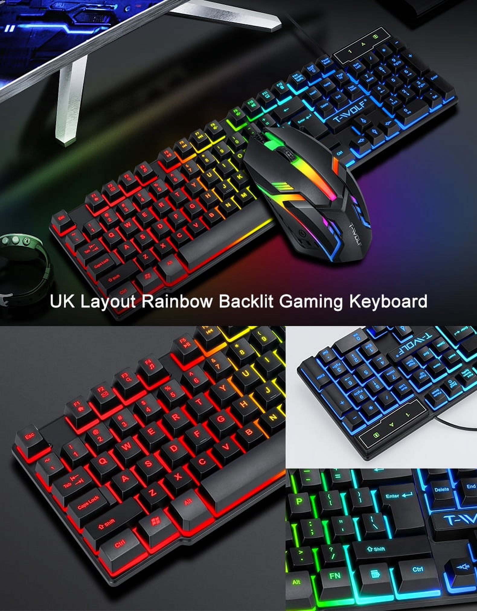 Gaming Keyboard and Mouse Combo with Headset, RGB Rainbow Backlit 104 Keys USB Wired Keyboard Mechanical Feeling, Gaming Headset with Microphone, Large Mouse Pad, for Computer Gamer Office