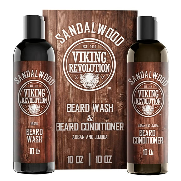 Ensemble de Nettoyant pour Barbe et Revitalisant pour Barbe avec Huiles d'Argan et de Jojoba - Adoucit et Fortifie - Parfum Naturel de Bois de Santal - Shampooing pour Barbe avec Huile de Barbe (10 Oz)