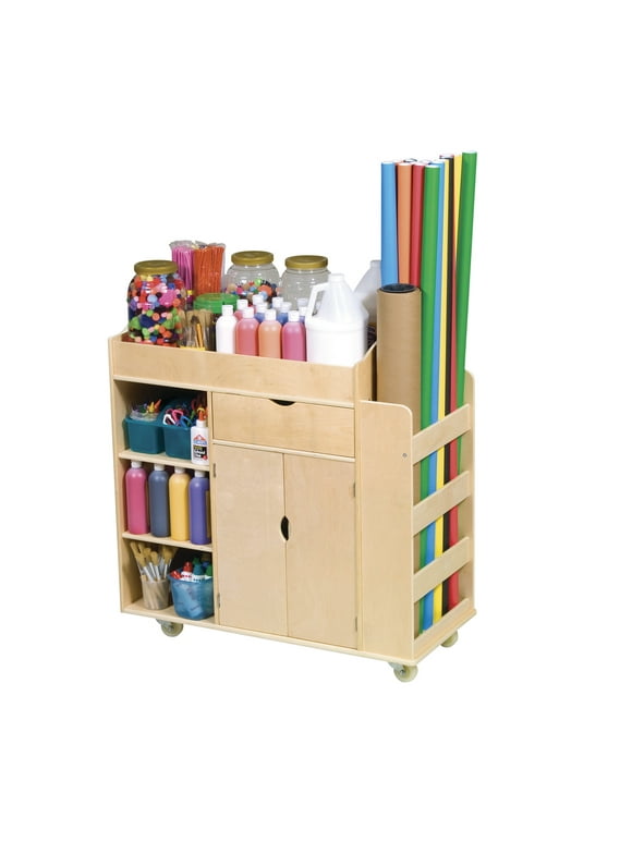 Guidecraft Art Activity Cart - Kids Rolling Wooden Storage Paper Cabinet and Shelves; Arts and Crafts Supply; Classroom Furniture