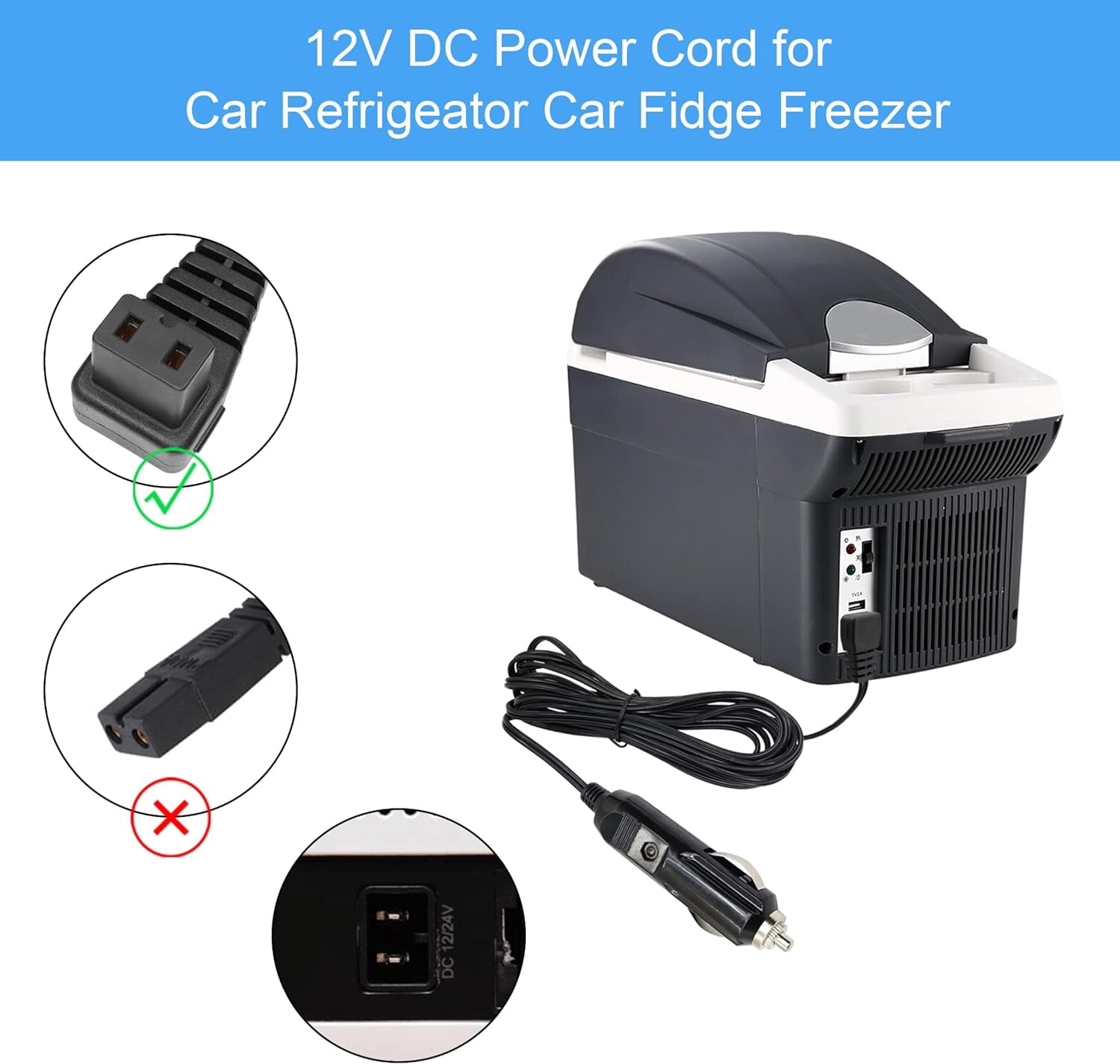 Car Refrigerator 12/24V DC Power Cord 2 Pin Power Adapter 2M DC Replacement for Car Cooler Cool Box Mini Fridge Lead Plug Power Supply Extension Cable