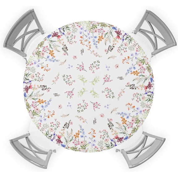 Round Fitted Tablecloth, Spring Flowers Summer Leaves Farmhouse Botanical Floral Wildflowers Waterproof Table Cloth Table Cover with Elastic Edged for Outdoor Parties, Fits Tables up to 45" - 54"
