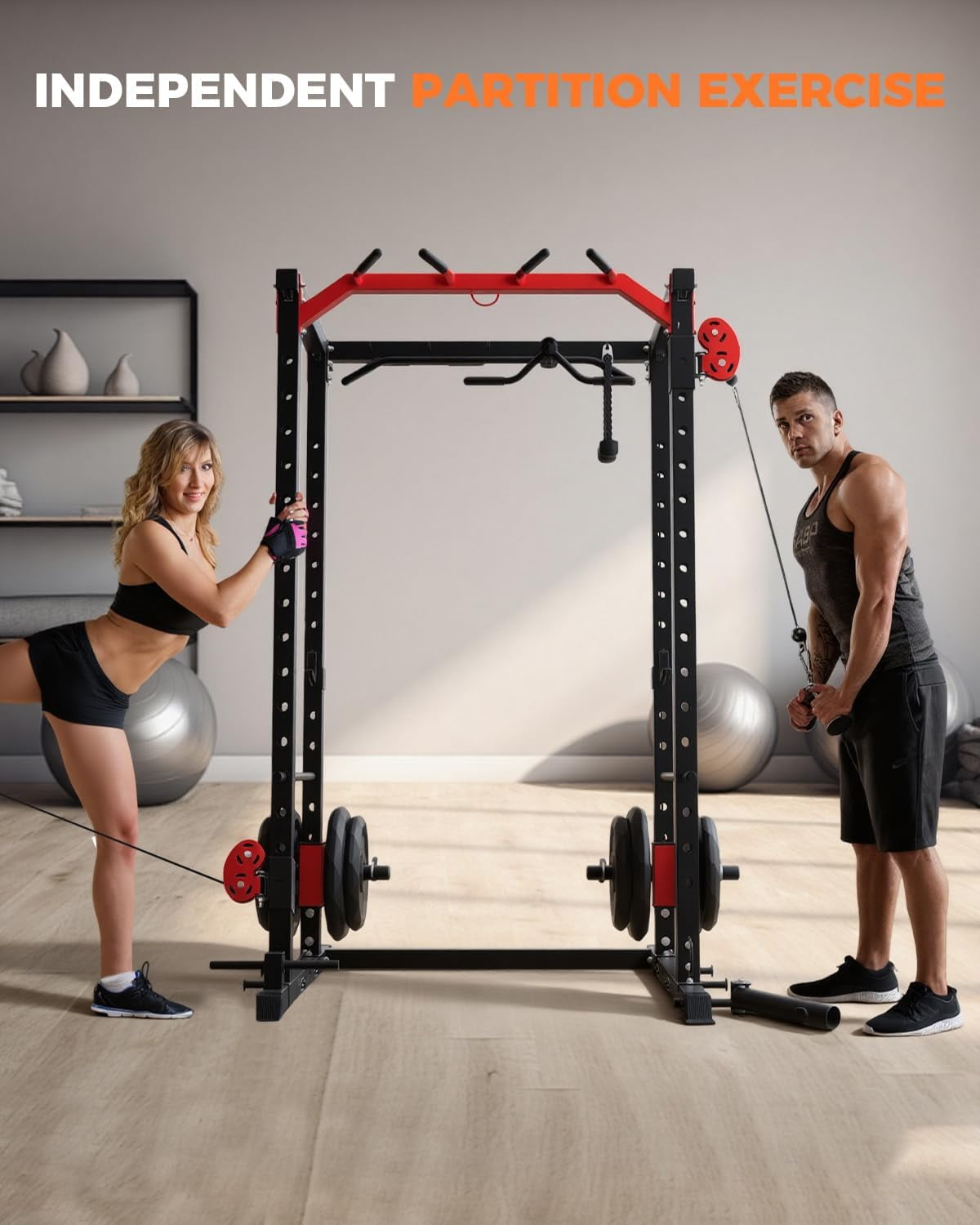 Memoryfield Power Cage with Cable Crossover System, 2000 lbs Capacity Power Rack with LAT Pulldown, Multi-Function Workout Cage with Pulley System for Strength Training, Red