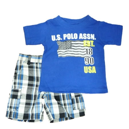 Polo USPA Infant & Toddler Boys 2 Piece Blue T-Shirt & Blue Plaid Shorts Set 12m
