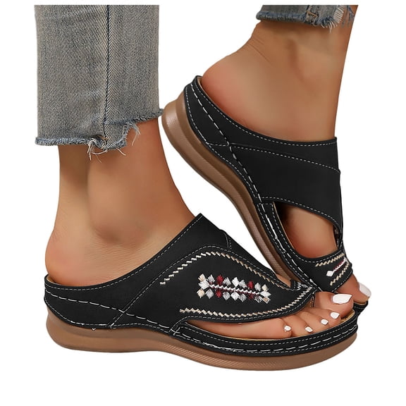 Rokment Womens Boho Embroidered Orthopedic Wedges Dress Flip Flops with Arch Support 2026 Beach Summer Comfortable Leather Platform Thong Walking Slides Black Size 6