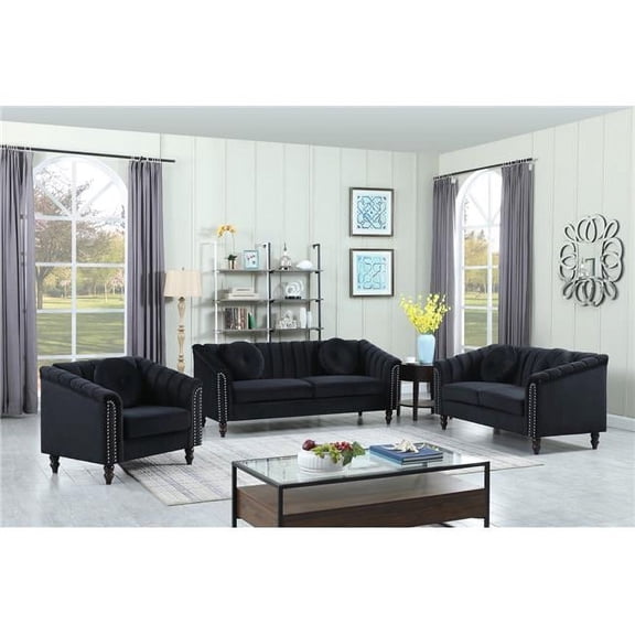 Lifestyle Furniture LFF4902-3pcs Girling Flannelette Sofa Set, Black - 3 Piece