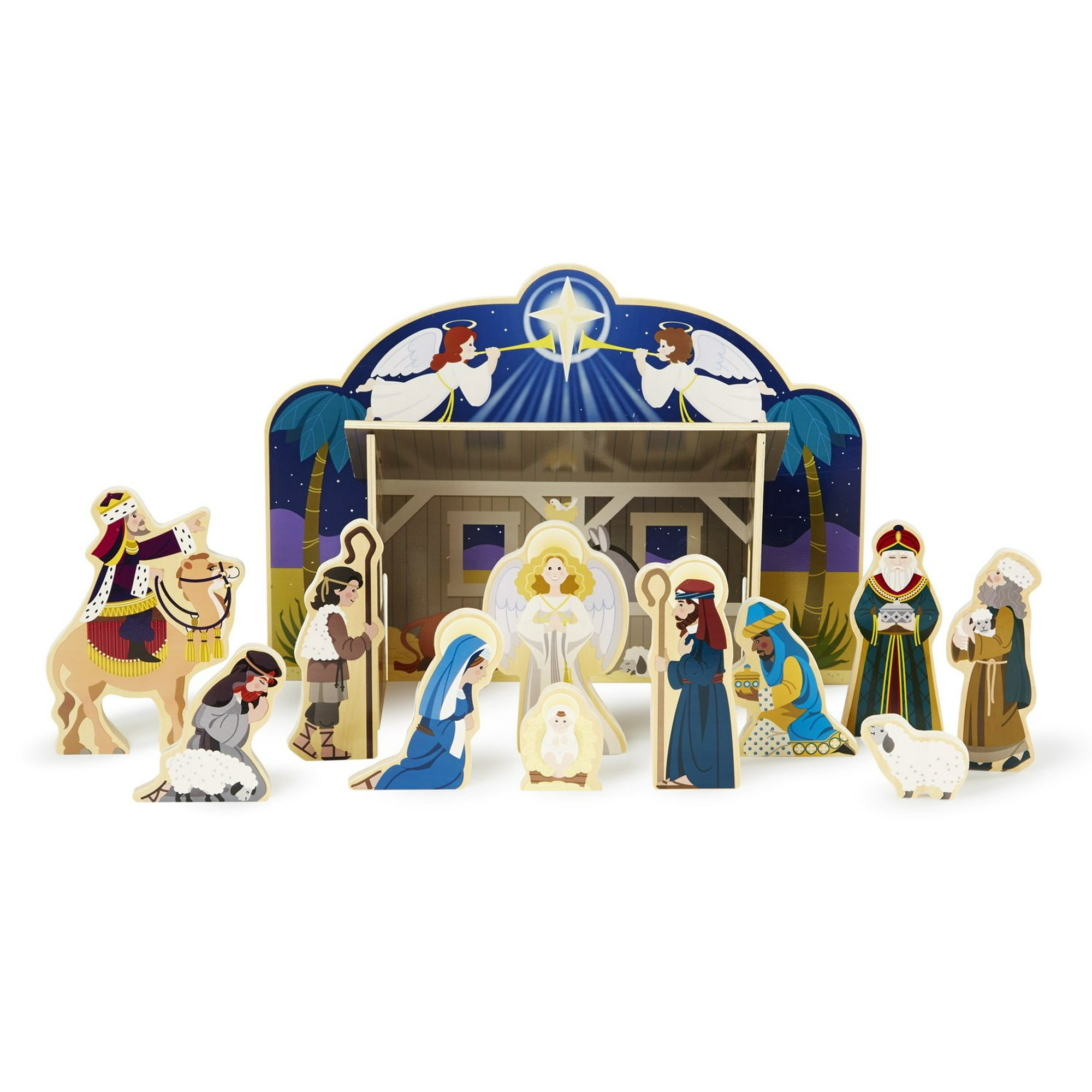 Melissa Doug Classic Wooden Christmas Nativity Set With 4 Piece Stable and 11 Wooden Figures Walmart