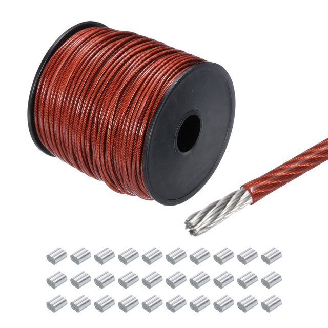 328Ft(100M) Wire Rope 304 Stainless Steel Cable 5/64"(2mm) Vinyl Coated with 30 Pcs Aluminum Sleeves Red