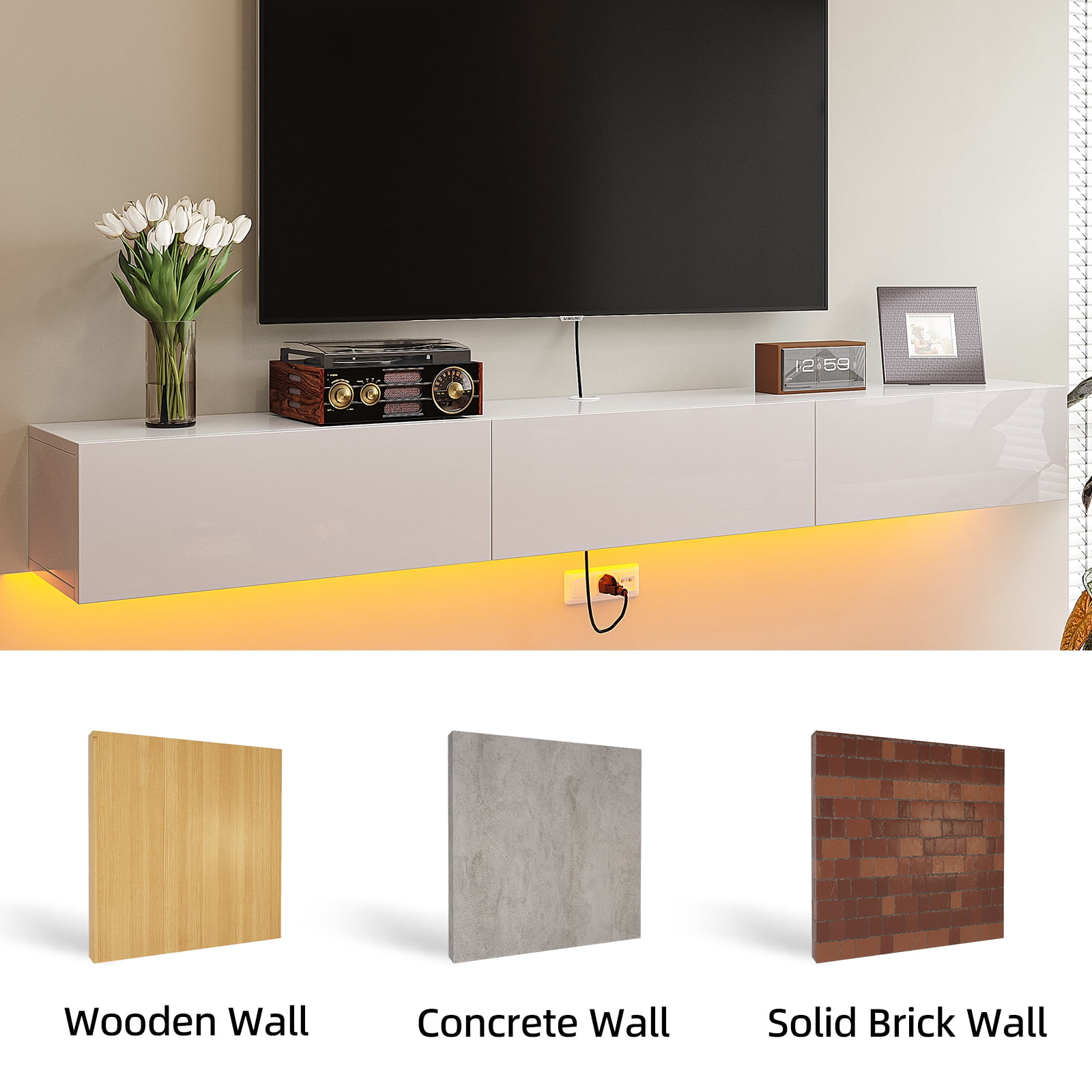 FloatiCasa 55" High Gloss Floating TV Stand Wall-Mounted Floating TV Console with 3 Doors for TVs up to 60"