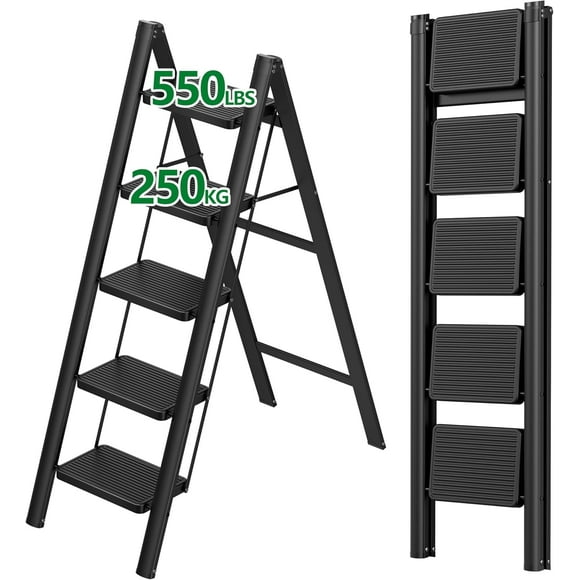 5 Step Ladder, Carbon Steel Ladder with Anti-Slip Pedal, Lightweight Step Stool Foldable, Stepping Stool ladders for Home, Kitchen, and Office, Load 550 lbs, Black
