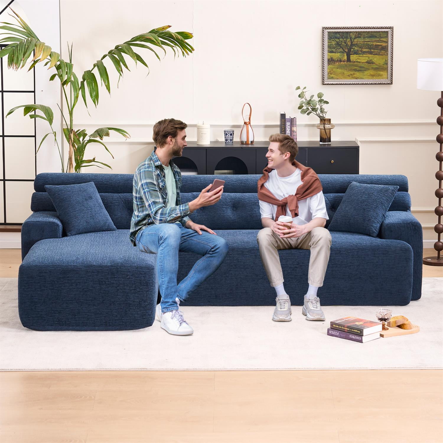 Demi Bonn 105" Modern L-Shaped Sectional Sofa, 3-Seater Couch with Chaise Lounge, 2 Accent Pillows, Wood Grain Chenille Fabric for Living Rooms, Blue