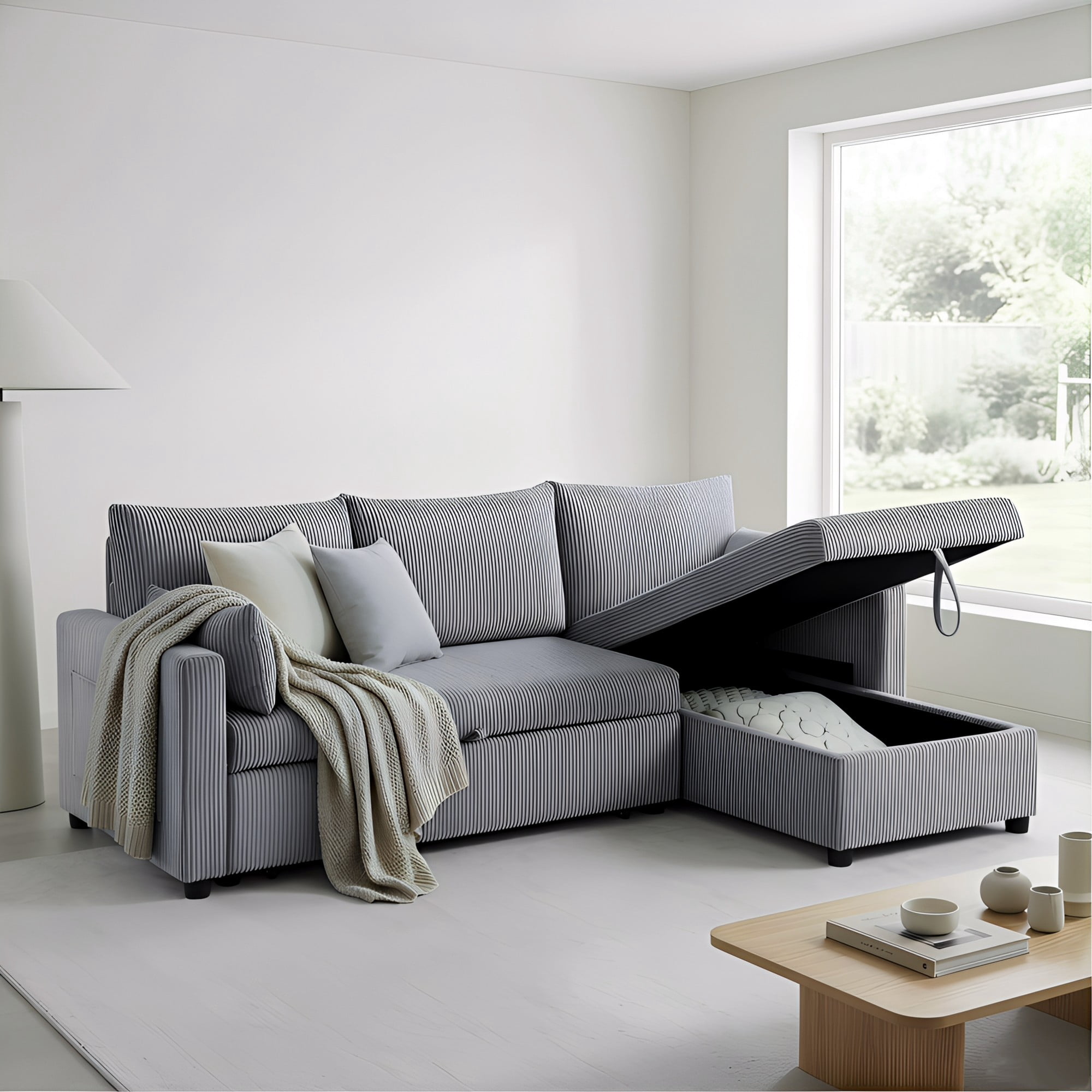 Gewnee 3-Seater Corduroy Sectional Pull Out Sleeper Sofa Bed with Storage, Couch for Living Room, Apartment, Office, Dark Gray