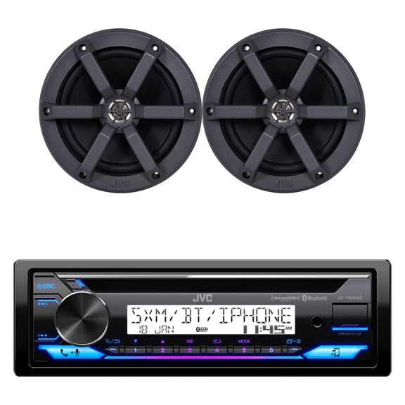 JVC KD-T92MBS Single DIN Marine MotorSports USB Bluetooth AM/FM Stereo CD Player Receiver with 2x JVC CS-MS620 6.5" 100 Watt Max Power 2-Way Boat Audio Speakers