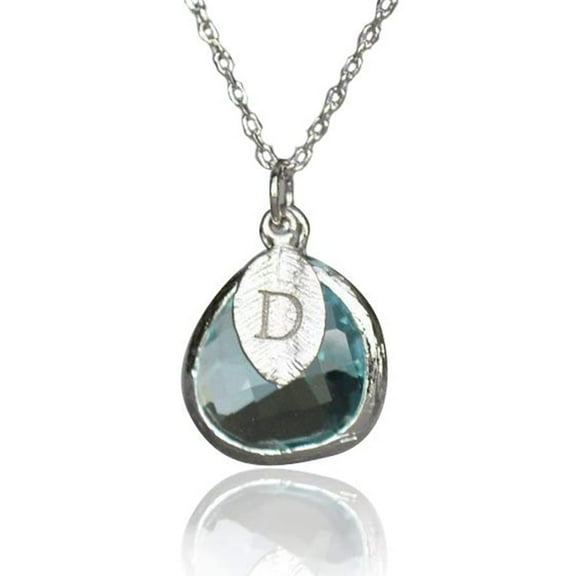 March Birthstone Necklace, Personalized Aquamarine Necklace, Bridesmaid Necklace, Custom Initial Necklace, Gift for Her, Aquamarine Jewelry - 18" Silver Plated - Leaf Initial A