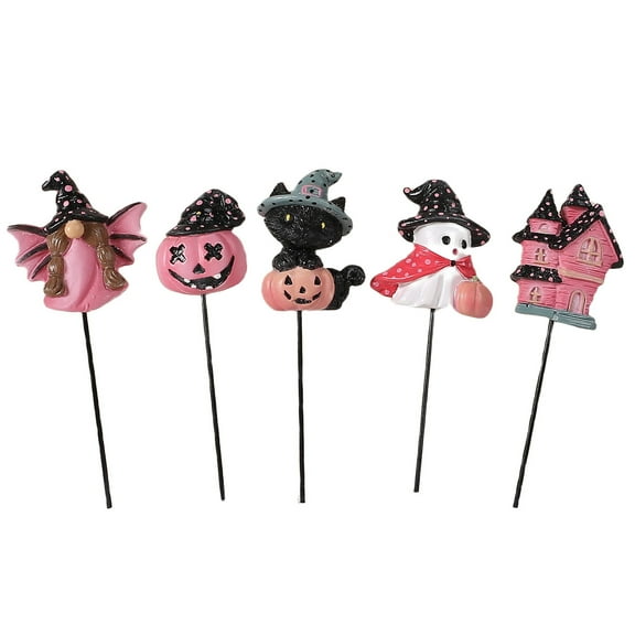 Halloween Plant Stakes Resin Miniature Bat Gnome, Pumpkin, Black Cat, Ghost, House Figurines with Stake Spooky Potted Flower Pot Plant Sticks Micro Landscapes Decor