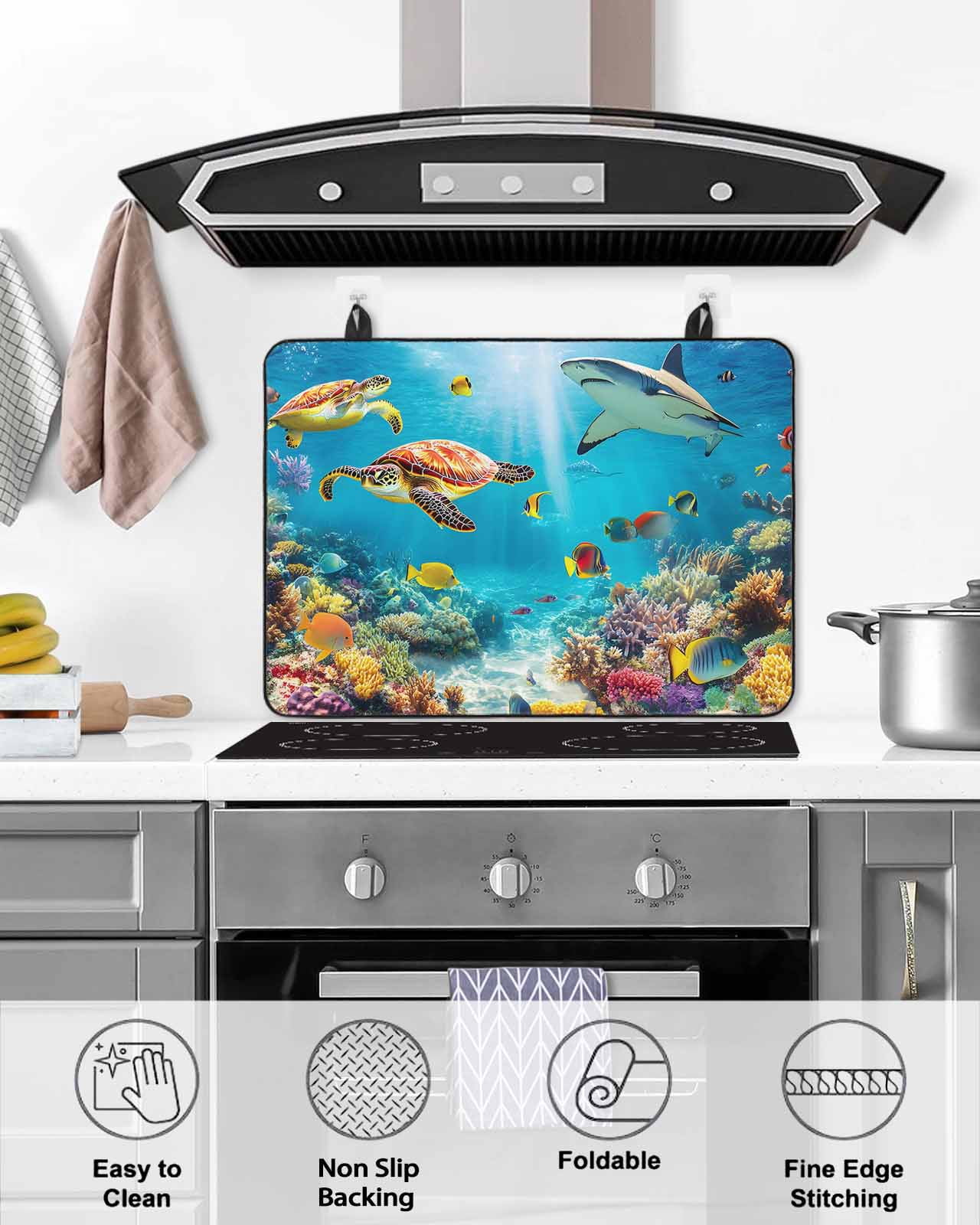 nqOlkjepod Large Induction Cooktop Protector Mat 36"x21", Turtle Stove Top Covers for Electric Stove, Shark Ocean Coral Underwater Scenery Sea Stove Burner Cover Mats, Glass Top Stove Cover