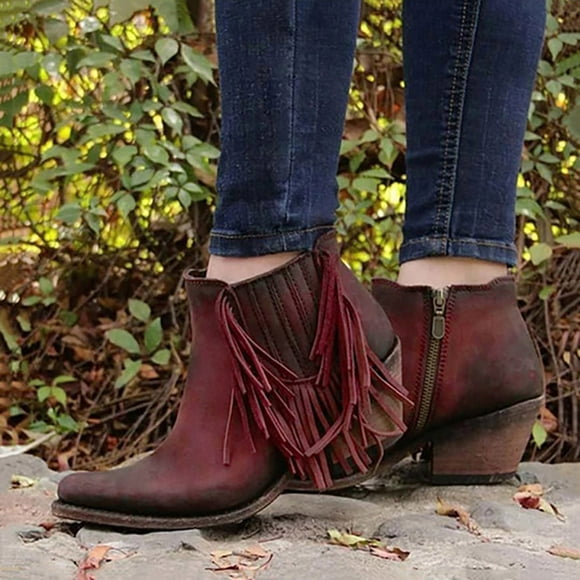 EGNMCR Ankle Boots for Women Women's Vintage Tassels Up Short Boots Midheel Boots Shoes Cowboy Boots Modern Western Cowboy Distressed Boot
