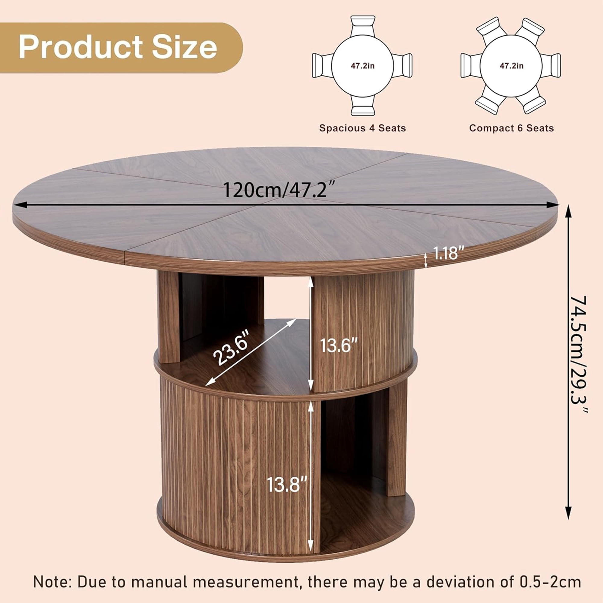 Fiogmub 47 inch Round Dining Table for 4, Circle Kitchen Table with Storage Shelf, Modern Dinner Table for Living Room, Walnut