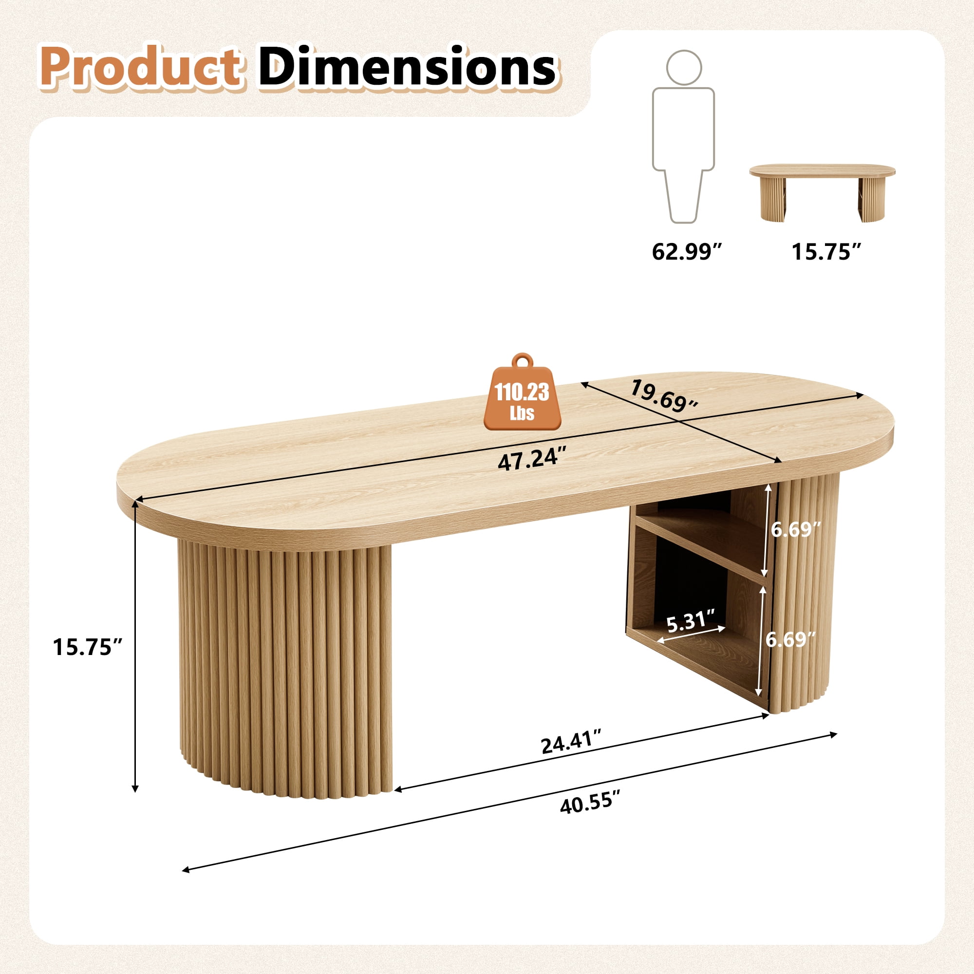Wirrytor Mid-Century Oval Fluted Coffee Table with Hidden Storage, 47" Wood Center Table for Living Room, Natural