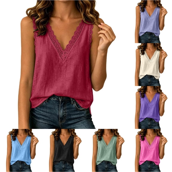 XIAONU Women Lace V Neck Tank Top Sleeveless Casual Daily Blouse