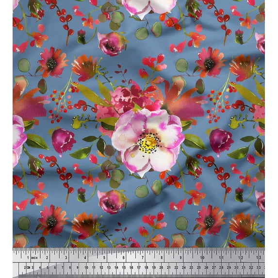 Soimoi Blue Cotton Duck Fabric Leaves & Anemone Floral Decor Fabric Printed Yard 56 Inch Wide