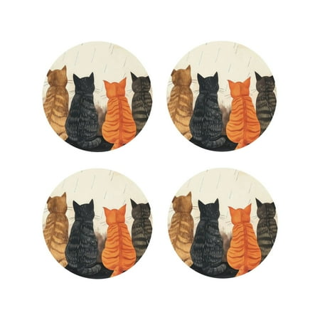 

Fuzoiu Four Cats Watching Rain Print Leather Coasters Set Drink Coasters Set of 4 for Tabletop Protection Durable PVC Coasters Home Décor and Housewarming Gift-Round Shape