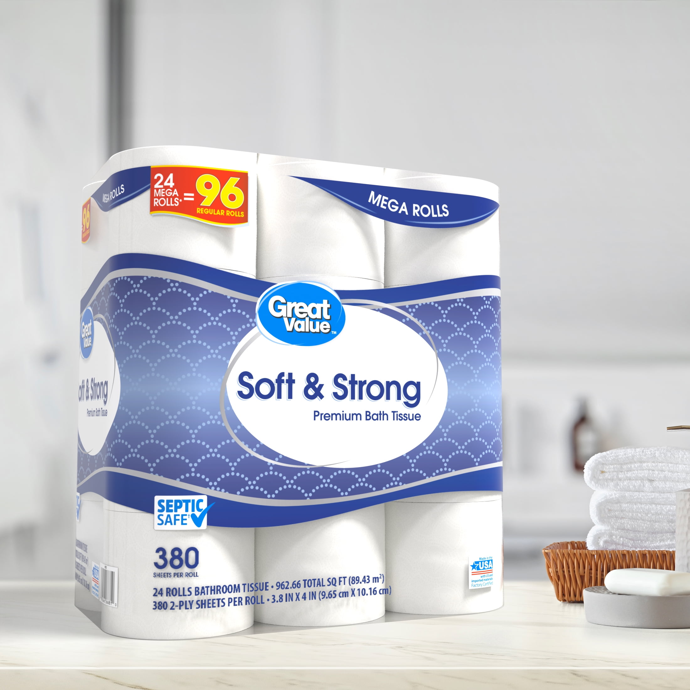Great Value Soft Strong Premium Toilet Paper 24 Mega Rolls 380 Sheets per Roll Walmart