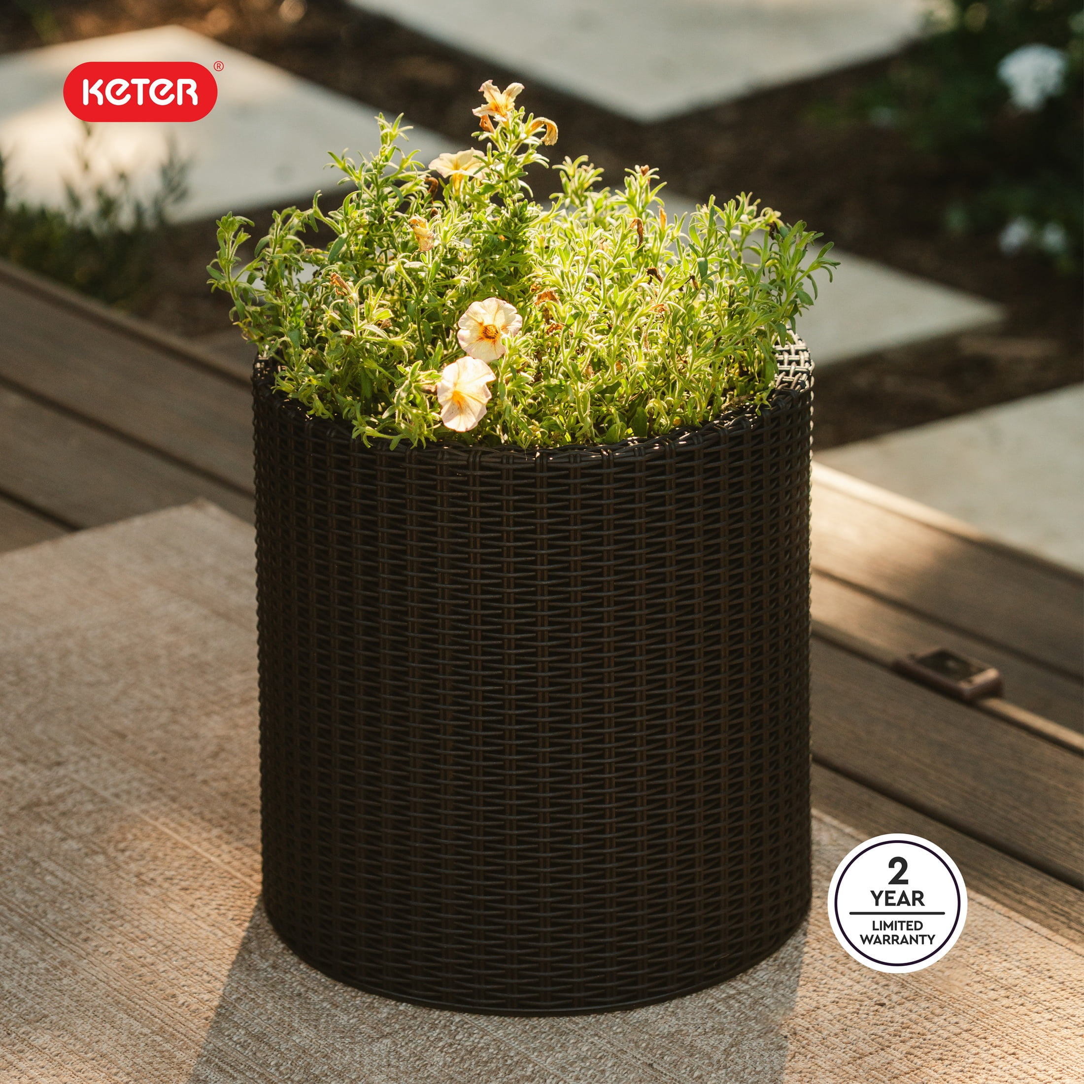 Keter Medium Cylinder Rattan Resin Planter Set of 2 for Indoor and Outdoor Plants Ideal for Patio and Porches, Graphite