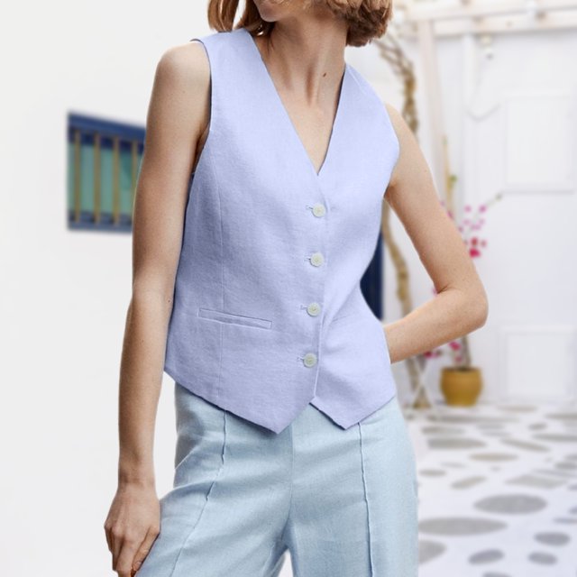 Chaleco Chaleco básico con cuello en V Estilo casual Traje de trabajo de oficina simple para mujer (Azul L) Kuymtek Azul T L para Mujer