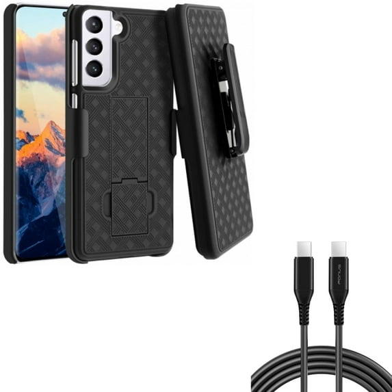 6ft Long USB-C Cable w Case Belt Clip for Samsung Galaxy S21 - PD Fast Charger Cord Power Wire, Holster Swivel Cover