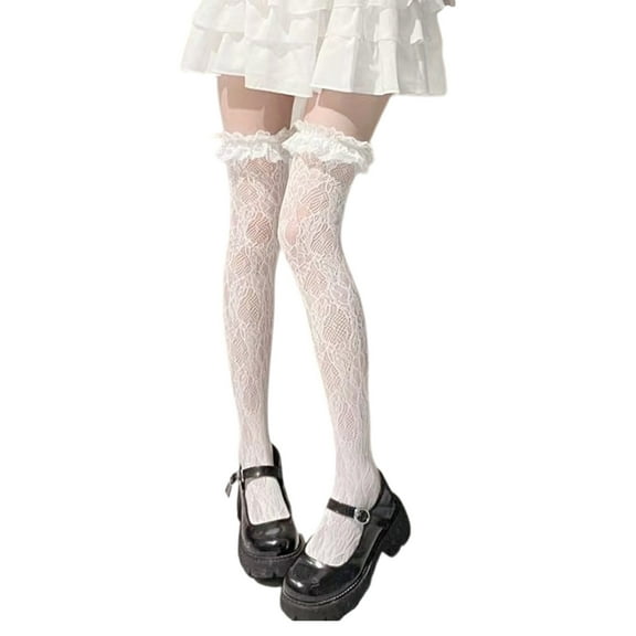 Womens Japanese Sheer Flower Lace Thigh Highs Stockings JK Sweet Ruffle Trim Frilly Over Knee Long Socks
