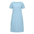 thumbnail image 6 of Zpanxa Summer Dresses for Women Summer Fashion Solid Color Round Neck Short Sleeve Cotton Linen Dress Light Blue L, 6 of 8