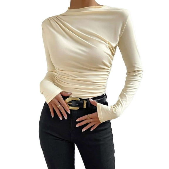Deago Women's Pleated Long Sleeve Mock Neck T Shirts Casual Slim Fit Fall Tops Basic Business Work Tee (Beige, S)