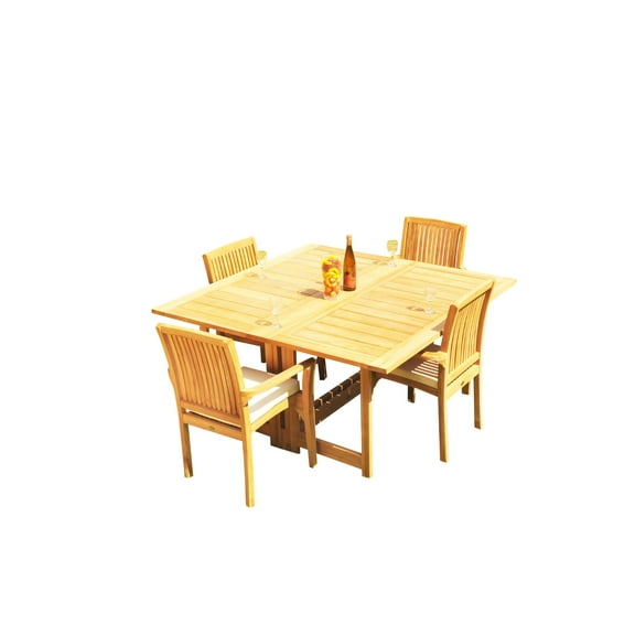 Grade-A Teak Dining Set: 4 Seater 5 Pc: 60" Square Rectangle Butterfly Table And 4 Lua Stacking Arm Chairs Outdoor Patio WholesaleTeak #51LU1405