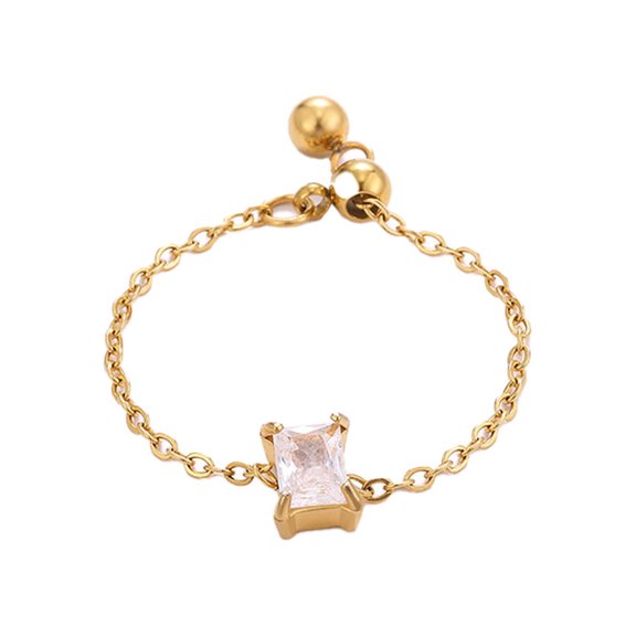 PAURO Gemstone Chain Rings for Women Link Open Adjustable Stainless Steel Cubic Zirconia Unique Personalized Gold Plated Simple Cute CZ Dainty Jewelry Square White