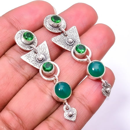 Green Onyx & Emerald Designer Handmade 925 Sterling Silver Earring 1.95" E49