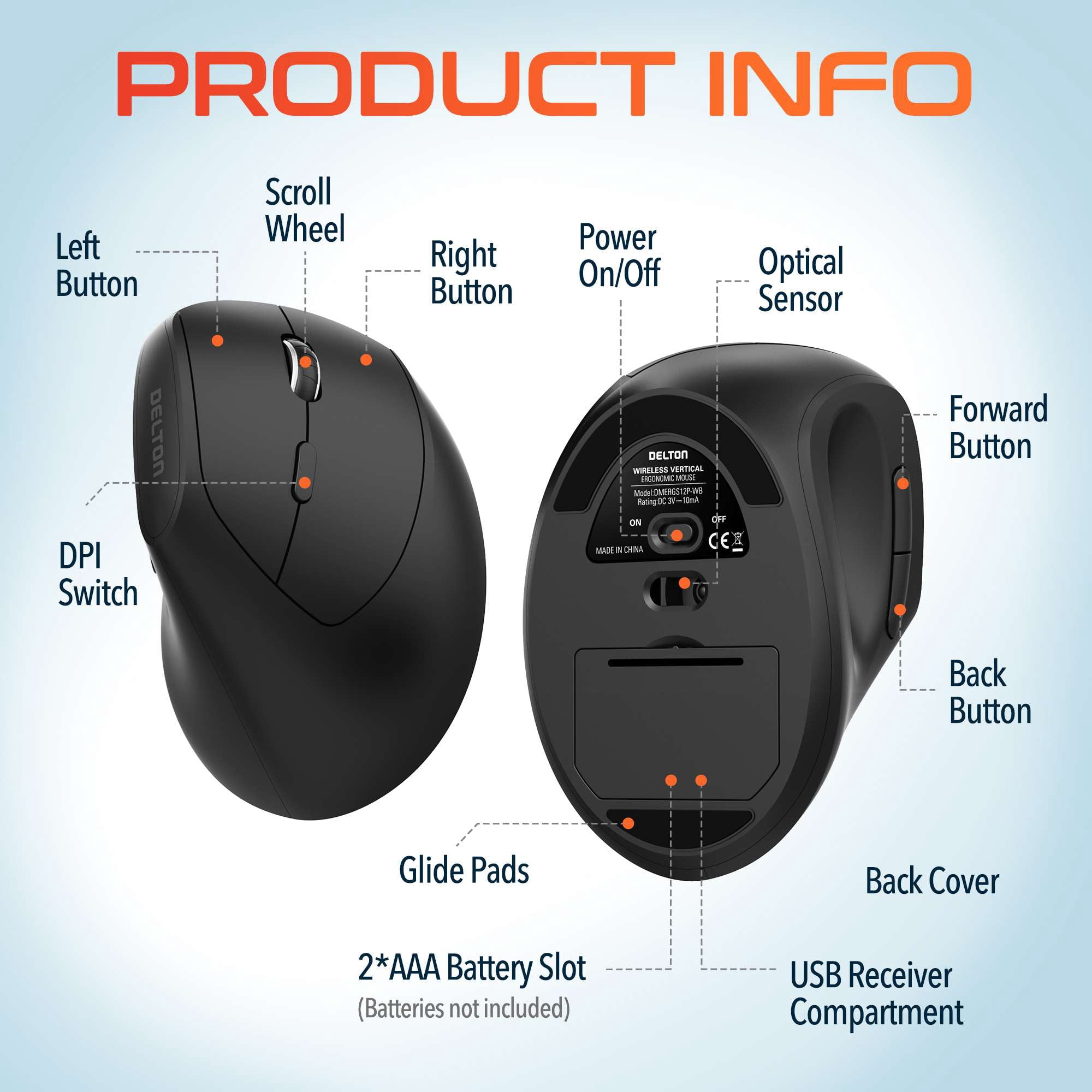 Delton S12P Vertical Computer Wireless Mouse, 2.4G Wireless Connection, 6 Buttons, 3 Adjustable DPI (800/1200/1600) Compatible for Windows/Laptop/PC/MacOS - Black