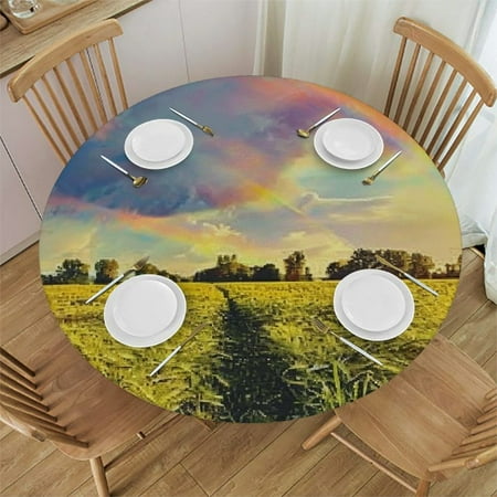 

Vllo0ord Farm Decor Round Fitted Tablecloth with Elastic Edge Rainbow in Sky Over Wheat Field at Sunset Print Polyester Table Cover 54-58