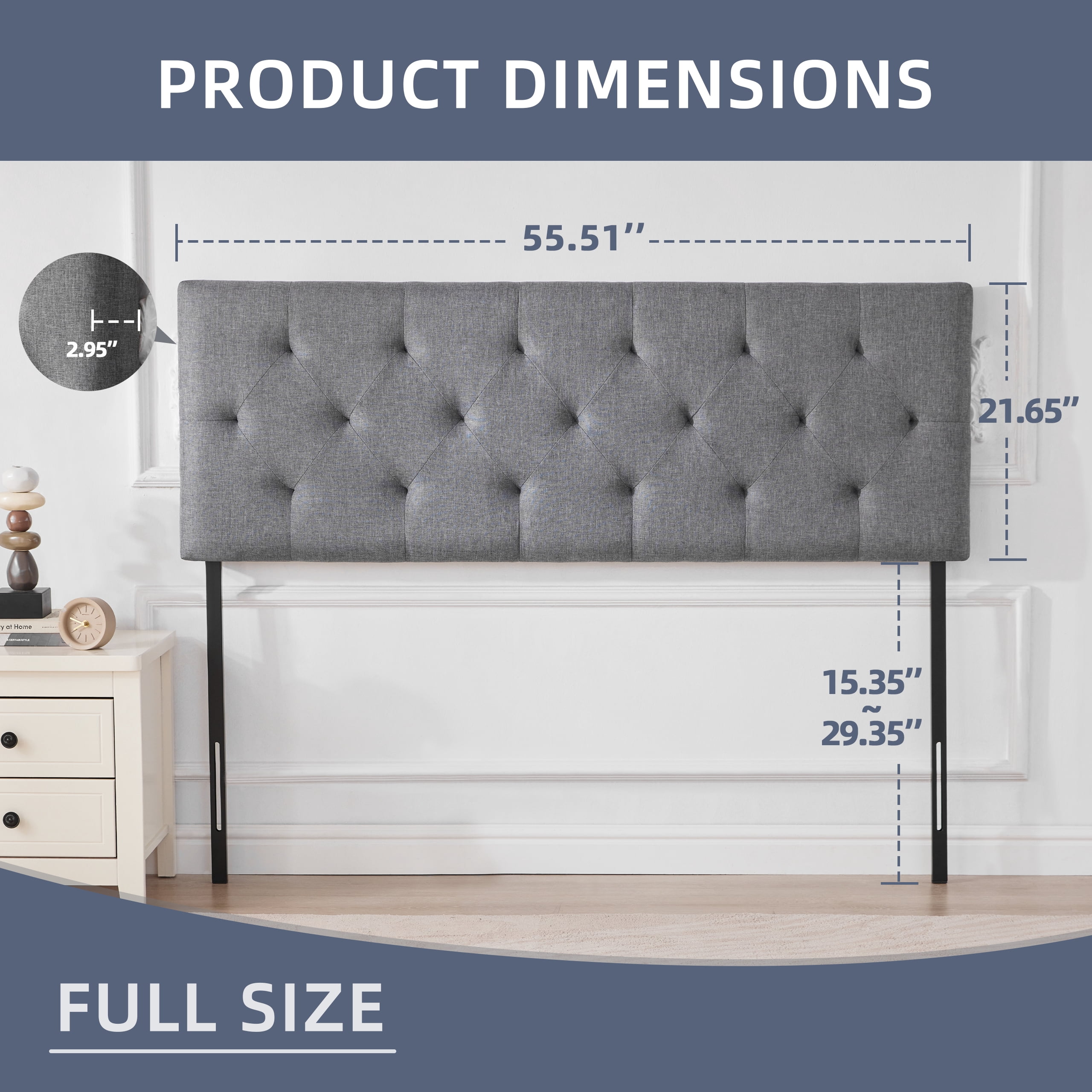 Weture Linen Upholstered Full Headboard, Modern Panel, Light Grey